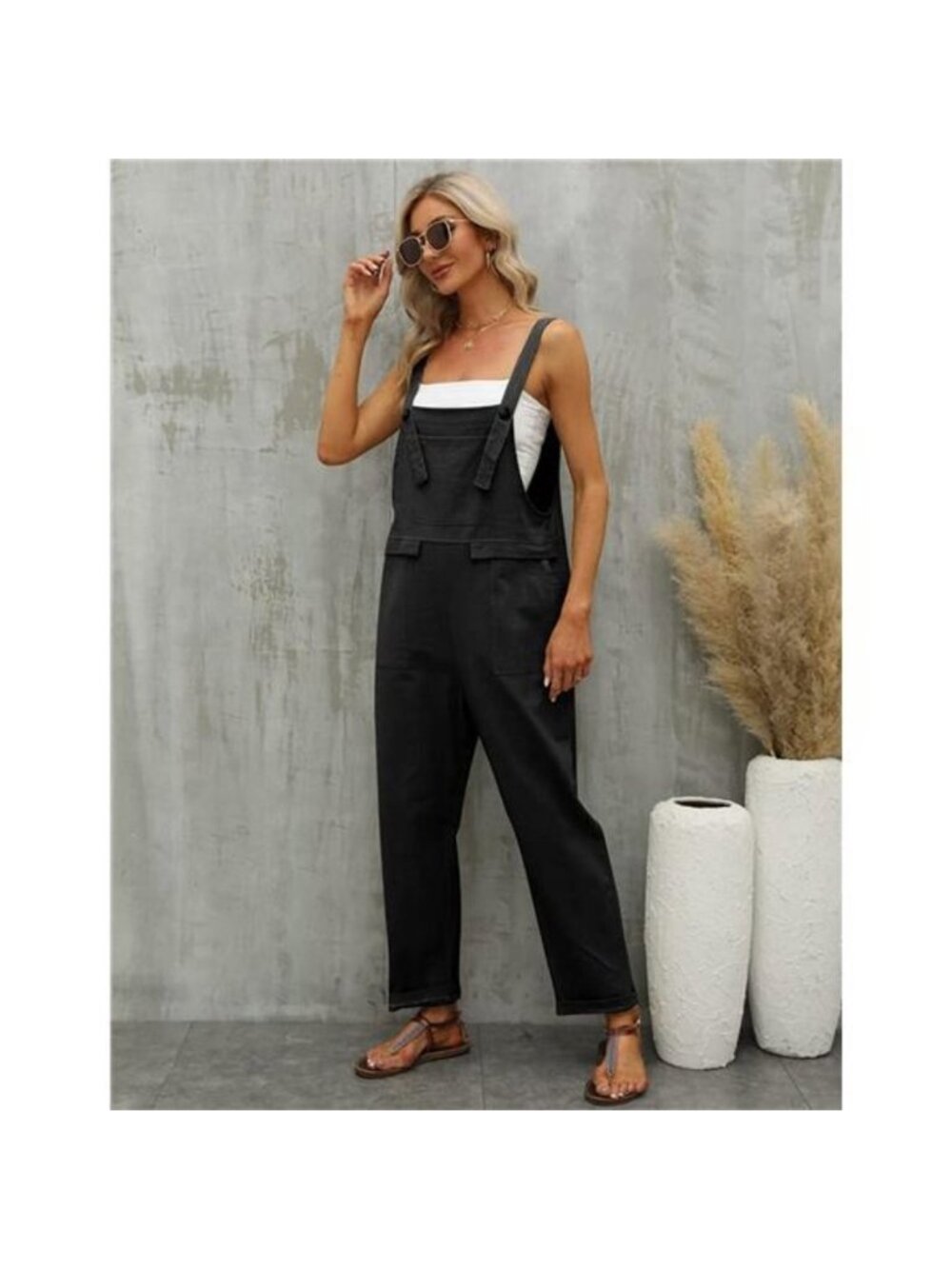 Women's Fashion Baggy Loose Linen Overalls Jumpsuit - Black